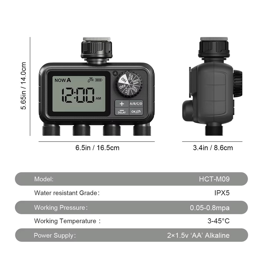 Eshico Digitaler Bewässerungstimer HCT-M09 in Schwarz mit 4-Zonen-Ausgang, IPX5 Wasserdichtigkeit und Regenverzögerung für die automatische Großflächenbewässerung - Bild 6