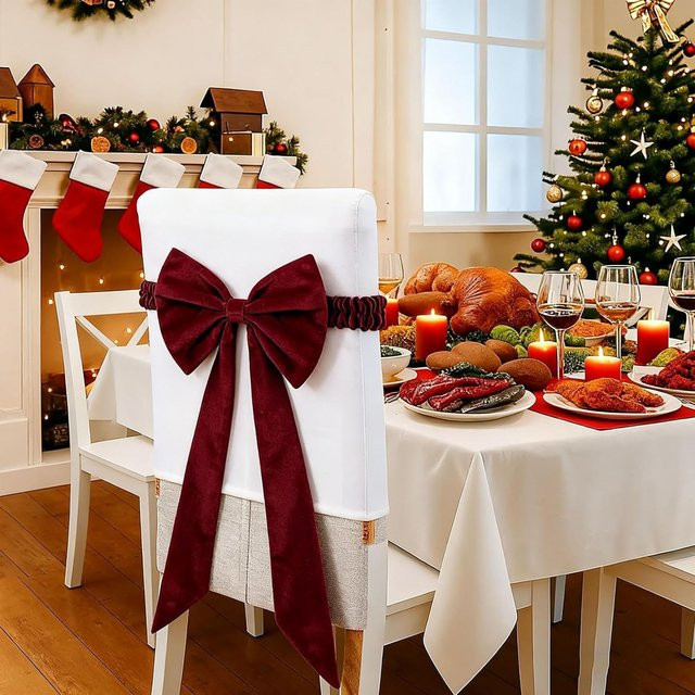 Yin Pingping Trading Weihnachts-Stuhlschleife aus rotem Samt, 30 Zoll, Burgunderrot und Weiß, elastische Dekoschleife für Weihnachten, Valentinstag und Hochzeiten - Bild 1