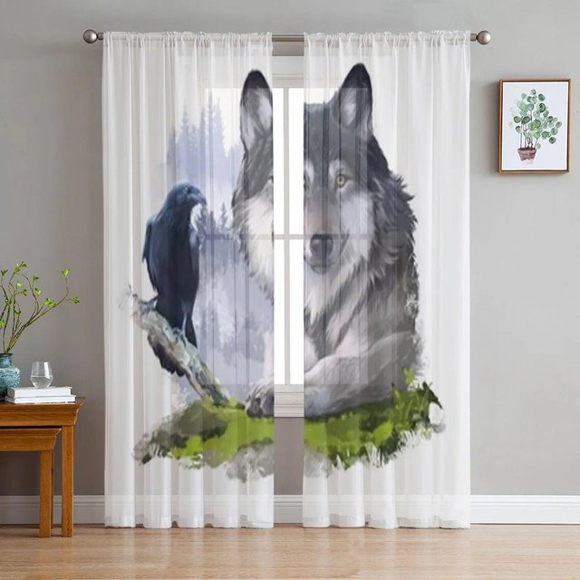 Yiran Furniture Transparente Voile-Tüll-Vorhänge mit Wolf und Rabe Motiv, Weiß, Breite: 135 cm, Höhe: 183 cm - Bild 1