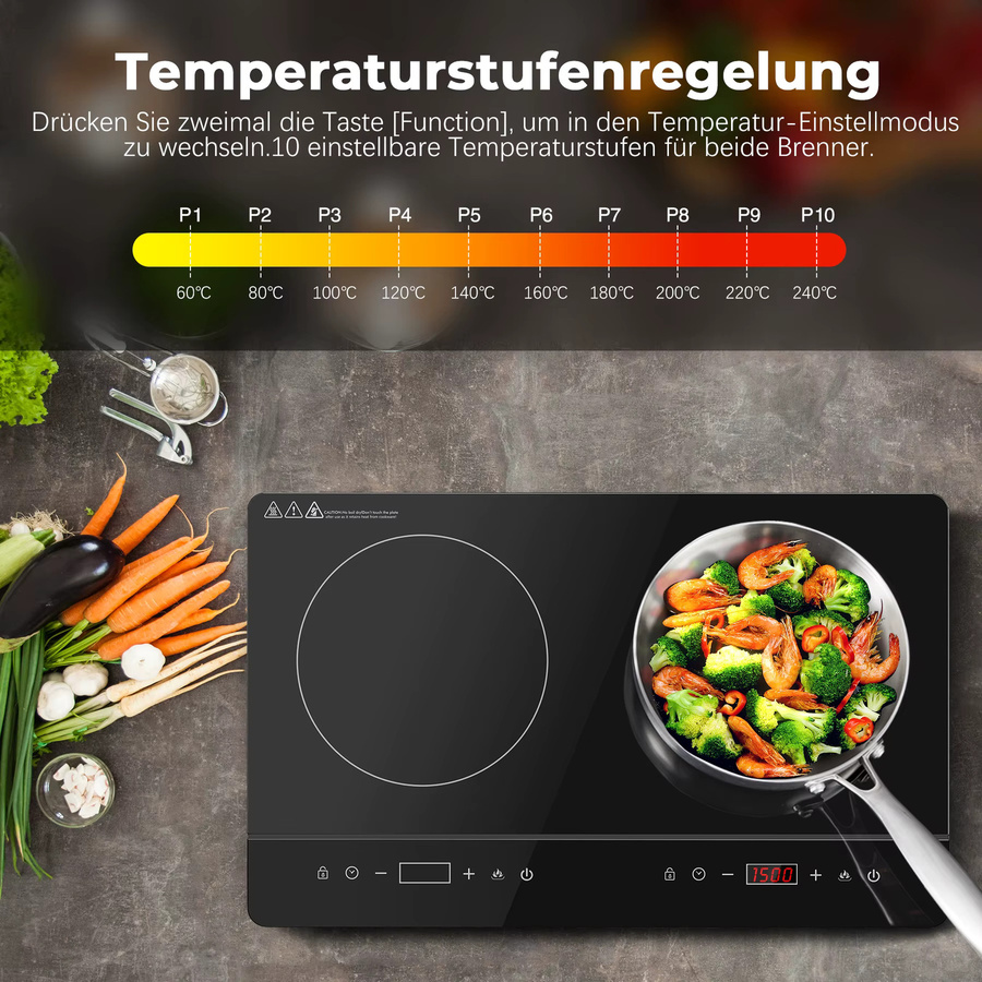 KICHPOWER Induktionskochfeld mit 2 Platten, 3500W, Schwarz, Glasoberfläche, Touch-Steuerung mit 10 Stufen, Timer und Kindersicherung, tragbar für Camping-Küche - Bild 8