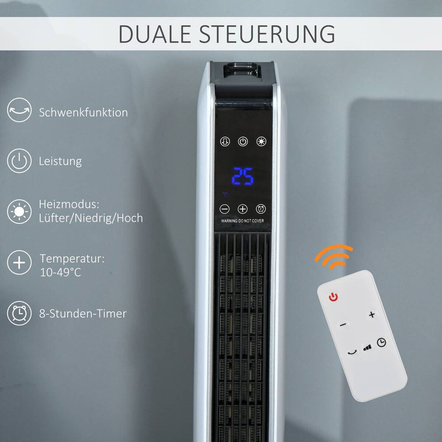 HOMCOM Keramik-Heizlüfter mit Fernbedienung und Timer in Silber, Weiß und Schwarz, 2200 W, B/T/H: 21 x 21 x 73 cm - Bild 2