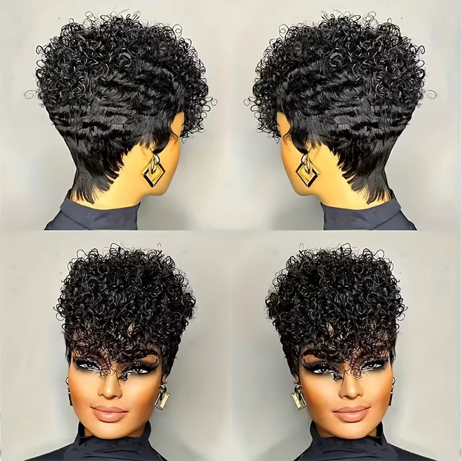 OYM HAIR Pixie-Schnitt-Perücke, lockiges Echthaar, schwarz, Damen - Bild 2