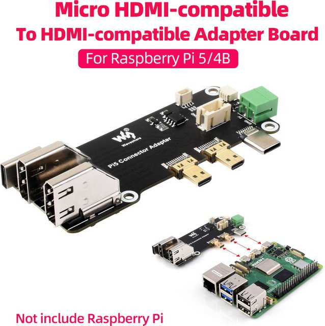 SHCHV Multifunktionsadapter Micro HDMI auf HDMI-C für Raspberry Pi 5/4B mit Dual 4K Ausgang in Schwarz - Bild 1