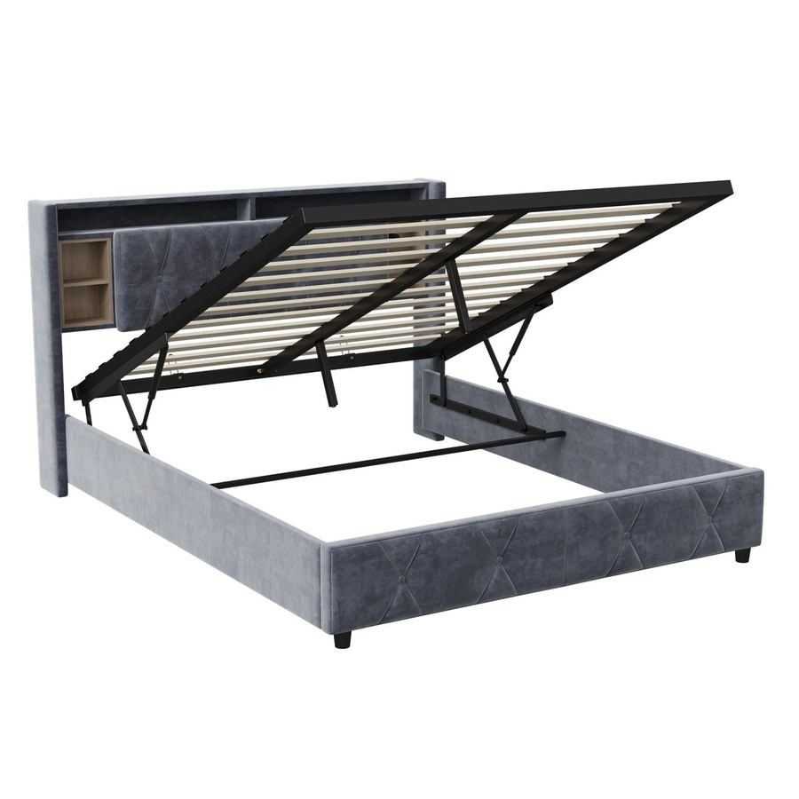 PXloue Polsterbett aus Samt in Grau mit hydraulischem Stauraum, USB-Ladeport und Unterbettbeleuchtung, B/T/H: 160 x 200 x 105 cm - Bild 2