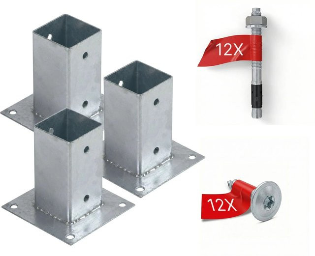 HOLLMAX Pfostenträger Set aus 3 verzinkten Aufschraubhülsen in Silber für Vierkantpfosten mit 71 mm - Bild 1
