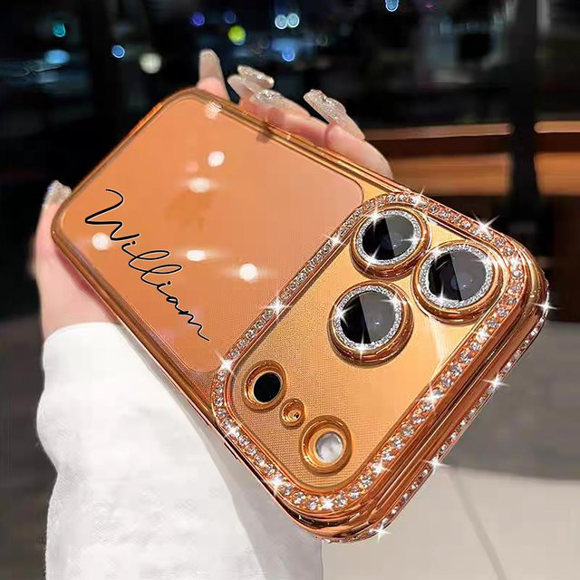 Personalisierte iPhone Handyhülle mit Buchstaben, Namen und Sternen in Orange und Gold mit Strass-Glitzer-Effekt, transparent, passend für Apple iPhone 11 12 13 14 15 16 17 Pro Max Air - Bild 1