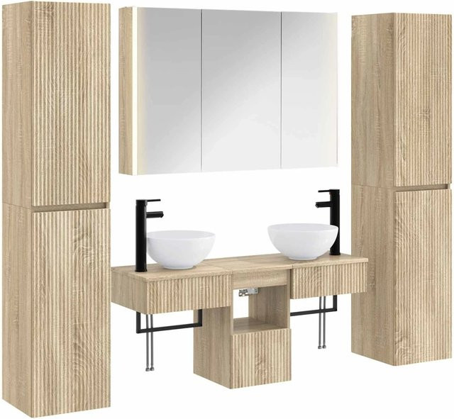 vidaXL Badezimmermöbel-Set 6-teilig in Sonoma-Eiche mit Glasfronten und LED-Beleuchtung, Braun - Bild 1