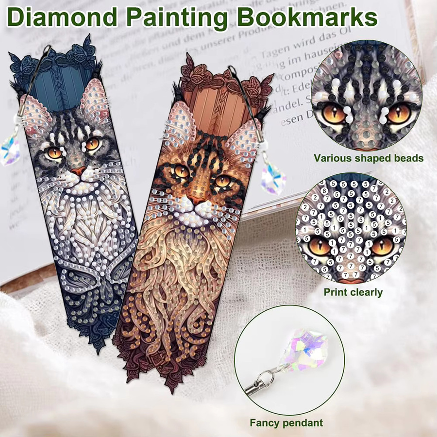 3er-Set Diamond Painting zum Selbermachen mit Katzen, Blumen und Tassenmustern für Lesezeichen und Anhänger, Mehrfarbig - Bild 2