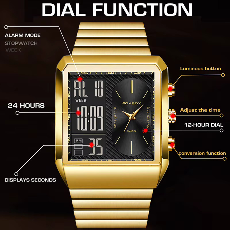 FOXBOX Digitaluhr, Chronograph, Quarz, Gold, Edelstahl, Herren - Bild 3