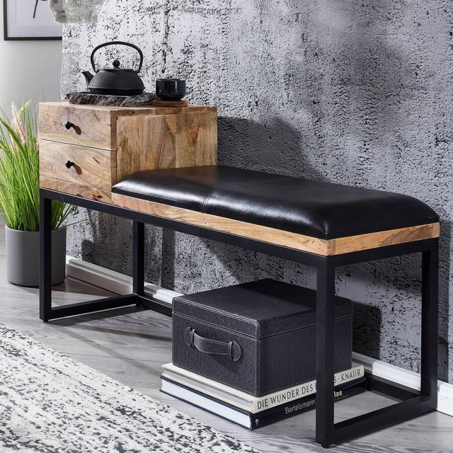 Sitzbank Finebuy Flurbank aus Echtleder und Massivholz mit Stauraum, Breite: 100 cm, Schwarz - Bild 1