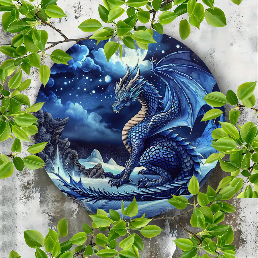 Potdemiel Fantasy Blue Dragon Aluminium-Wandkunst, rundes Vintage-Metallschild in Blau, Durchmesser: 20,3 cm - Bild 3