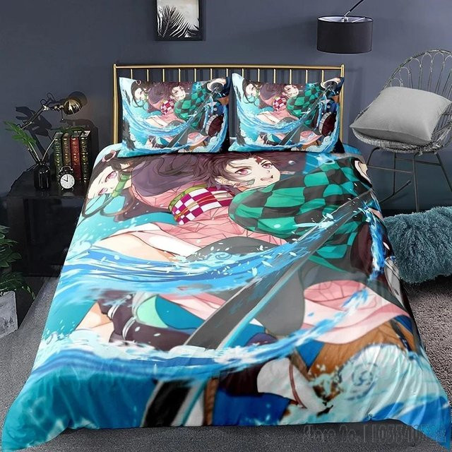 Demon Slayer Anime Bettwäsche-Set mit Cartoon-Print für Kinder, B/B: 120 x 150 cm, Mehrfarbig - Bild 1