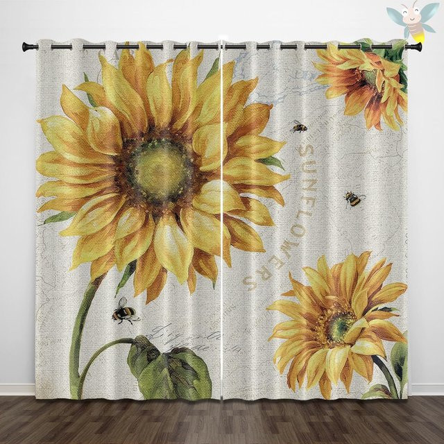 2er-Set Vorhänge mit Sonnenblumenmuster im Retro-Landhausstil, gelb, halbtransparent, B: 140 cm, H: 160 cm - Bild 1