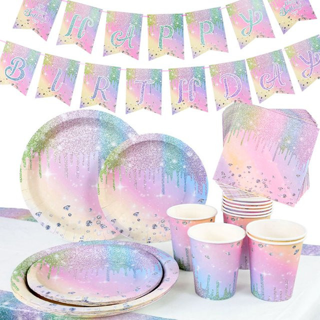 YONGSNOW Einweg Geschirr Set Regenbogen Diamant Geburtstag Party Dekoration für Kinder in Multicolour - Bild 1