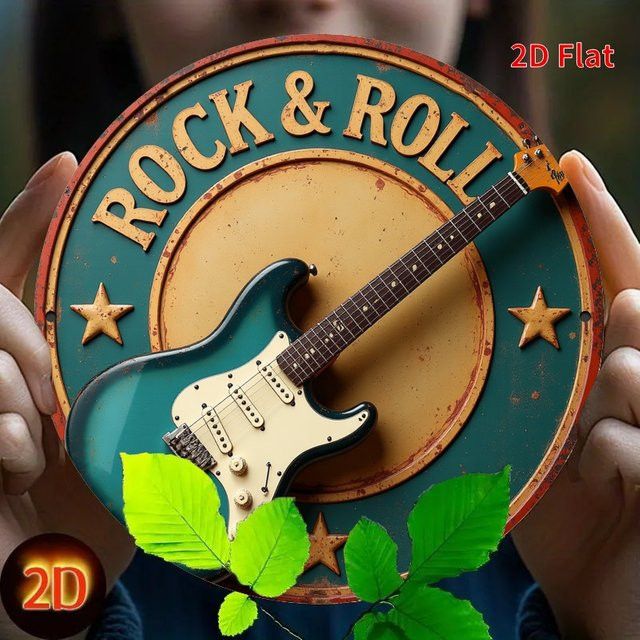 Potdemiel 2D Flat Vintage Rock & Roll Gitarren-Wandkunst aus Metall mit Herbstblättern und Sternen-Design, B: 20 cm, H: 20 cm, T: 1 cm - Bild 1