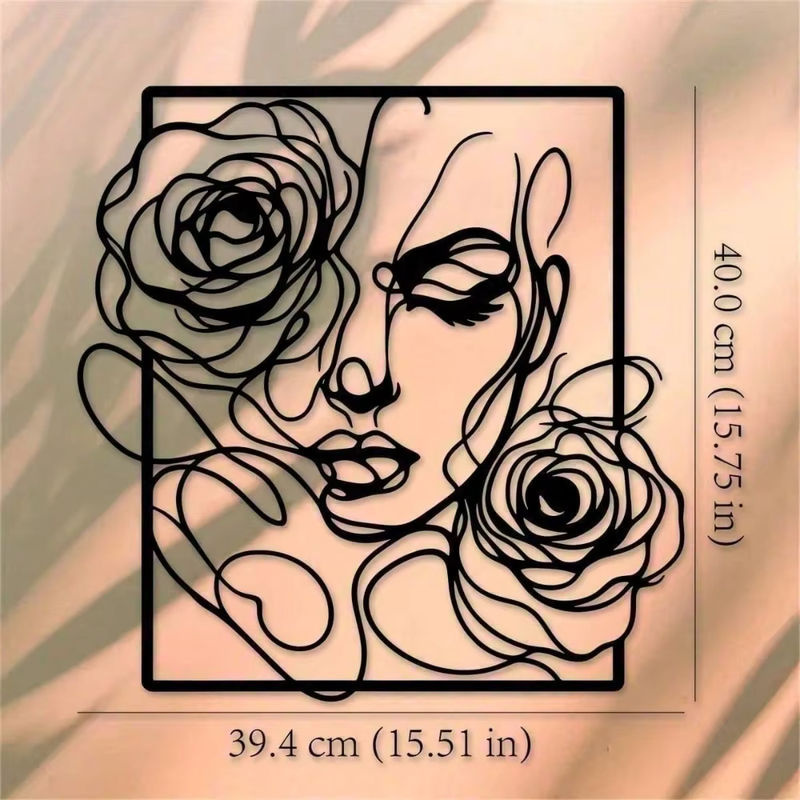 Schwarze Metall-Wandkunst von CIFBUY – Elegante Silhouette einer Frau mit Rosen als wasserfeste Wanddekoration - Bild 3