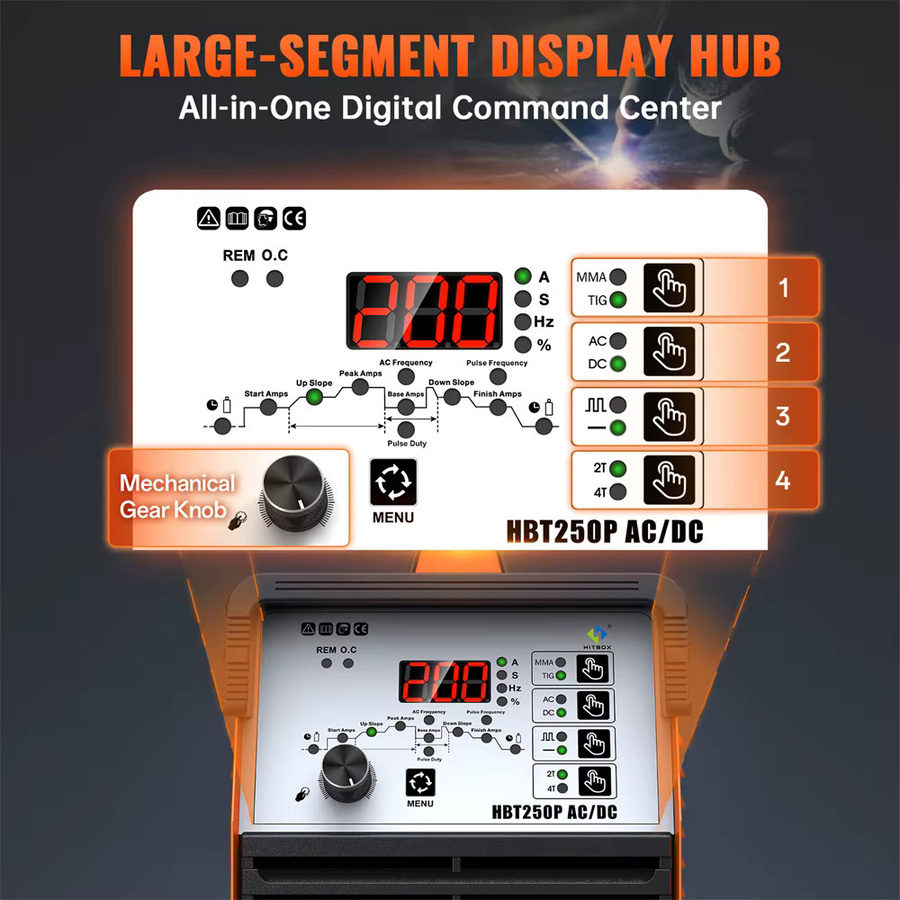 HITBOX HBT250P AC/DC Aluminium 6in1 TIG-Schweißgerät mit HF TIG/MMA ARC Stick IGBT Inverter, Farbe: Orange - Bild 2