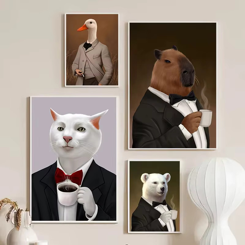 Potdemiel Leinwand Wandkunst mit Capybara im Business-Anzug und Ente beim Kaffeetrinken, Mehrfarbig, Modernes Poster für dein Wohnzimmer - Bild 3