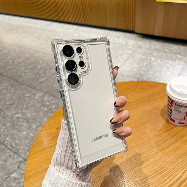 Sansooy Handyhülle für Samsung Galaxy S25 Ultra Plus, transparent mit orangefarbenen Akzenten, Bumper mit Metallknöpfen und harter Rückseite - Bild 1