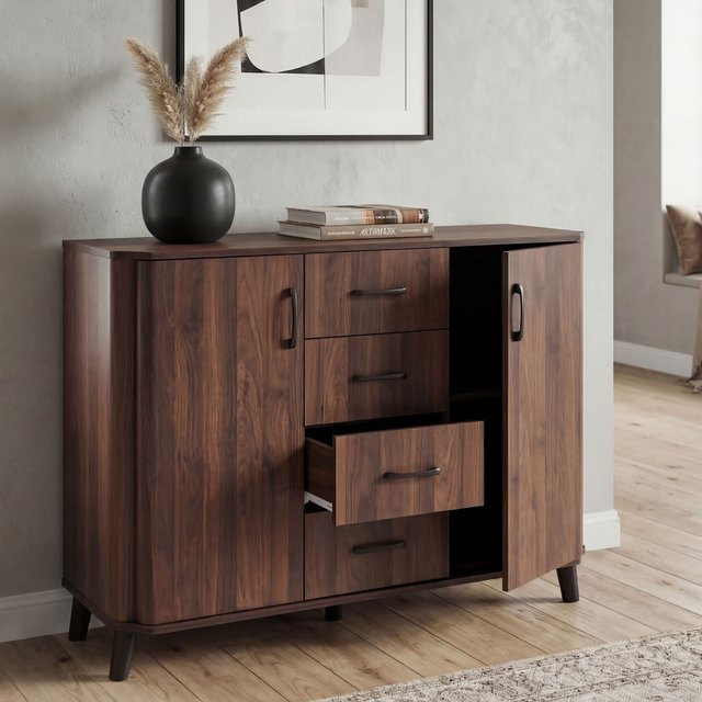 MCW Kommode P42 Sideboard in Walnuss-Optik mit 4 Schubladen und 2 Türen, B/H/T: 120 x 92 x 40 cm - Bild 1