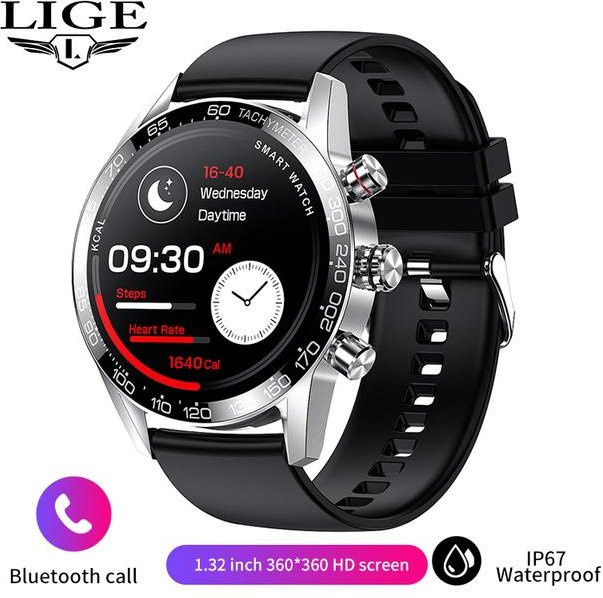 LIGE Smartwatch für Herren mit AMOLED Full Touch Display, Musikplayer, Bluetooth Calling, Herzfrequenz- und Blutdruckmessung, IP67 wasserdicht, Silber/Schwarz - Bild 1