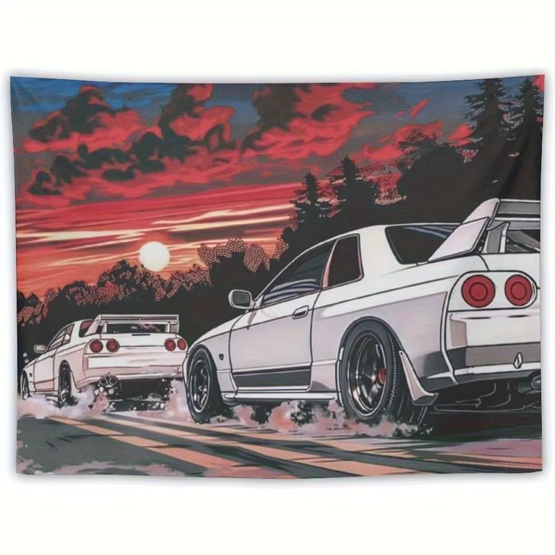 VIKAMA Wandteppich Japanischer JDM Skyline R32 Sportwagen Sonnenuntergang Anime-Hintergrund Dekoration, Mehrfarbig, B: 60,0 cm, H: 40,0 cm - Bild 2