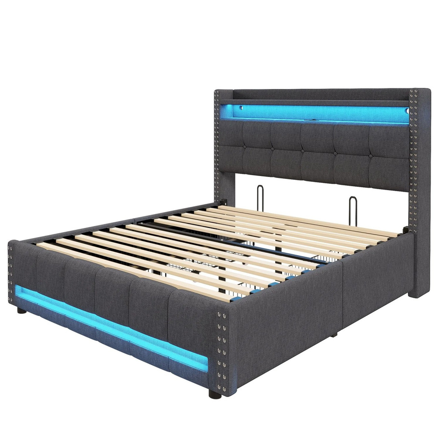 okwish Doppelbett mit LED-Unterbettbeleuchtung, USB-Ladeanschluss und Schubladen in Grau, B/T/H: 140 x 200 x 115 cm - Bild 2