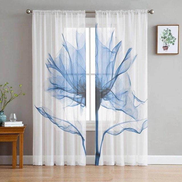 Transparente Tüll-Vorhänge mit blau-weißem Blumenmuster für Wohnzimmer und Schlafzimmer, Modernes Design, Breite: 135 cm, Höhe: 114 cm - Bild 1