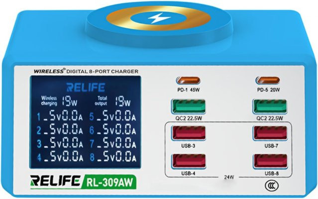 Relife Ladestation RL-309AW in Blau mit 100W, 5A, 2 x USB-C und 6 x USB-A - Bild 1