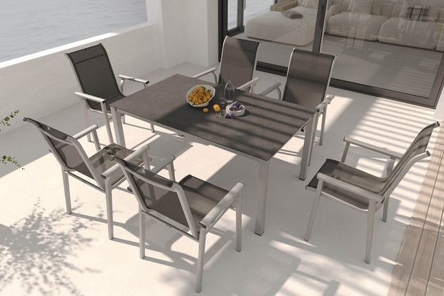 Kettler BasicPlus Pro Garten-Essgruppe aus Aluminium und Textilene in Silber/Anthrazit mit Esstisch und 6 Stapelsesseln, Tisch B: 160 cm, T: 95 cm, H: 74 cm - Bild 1