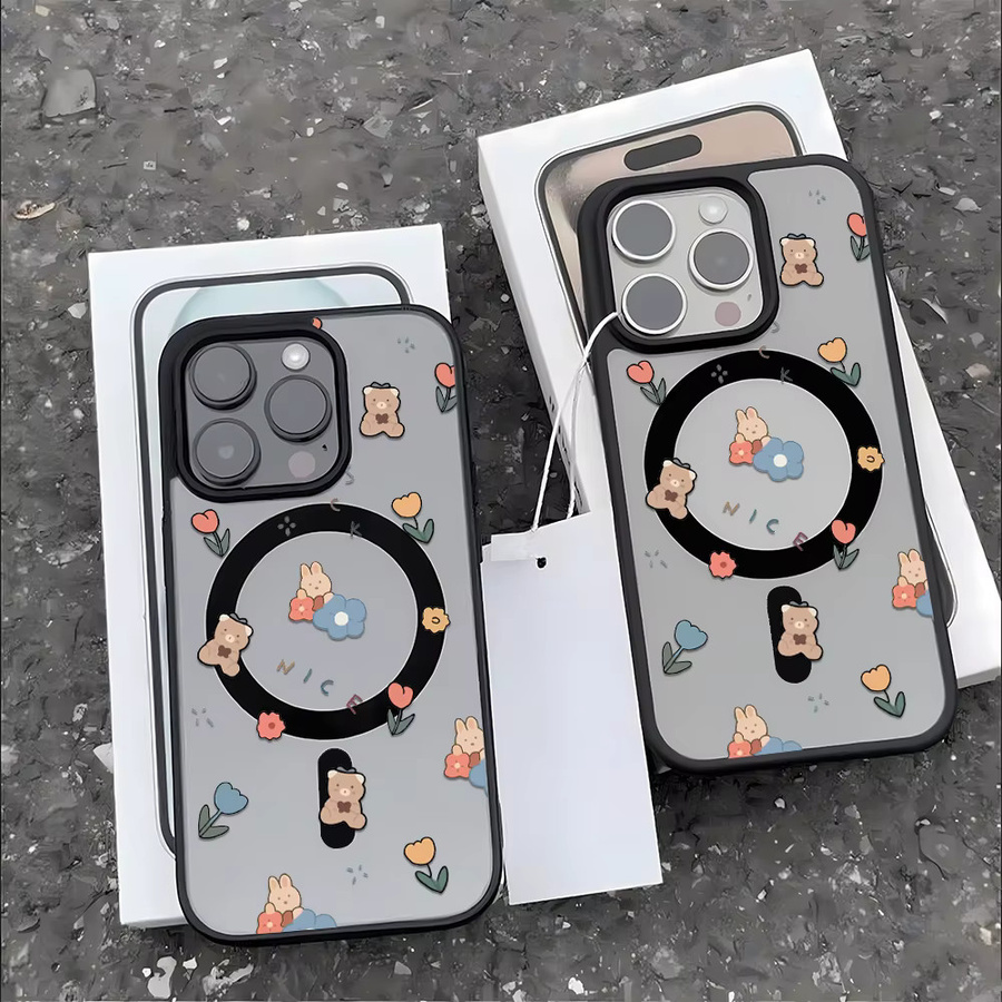 Magnetische Handyhülle mit Blumenbär Design für iPhone 11 bis iPhone 17 Pro Max, matte transparente Abdeckung mit kabelloser Ladefunktion und Stoßschutz - Bild 3