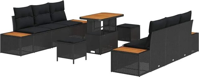 vidaXL Garten-Sofa-Set aus Polyrattan in Schwarz, 9-teiliges L-Shape Lounge-Set mit Polsterkissen für Garten und Terrasse - Bild 1