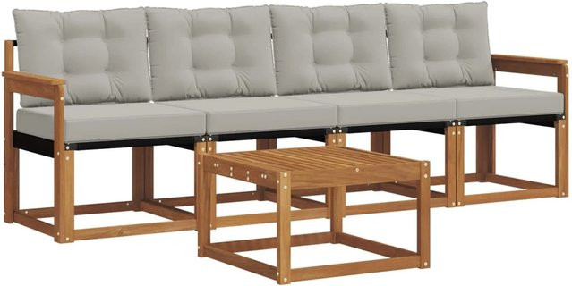 vidaXL Outdoor-Sofagarnitur 5-teilig aus Akazienholz und Textilene in Grau mit Kissen - Bild 1