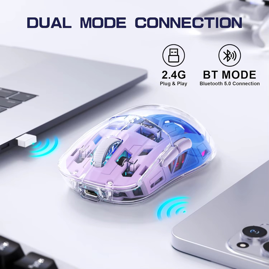 Attack Shark A2 Transparente Kabellose Gaming-Maus in Weiß mit Digitalem Bildschirm, Bluetooth 5.0 und 2,4 GHz, RGB, PixArt 3212 Sensor und 5 einstellbaren DPI für PC - Bild 2
