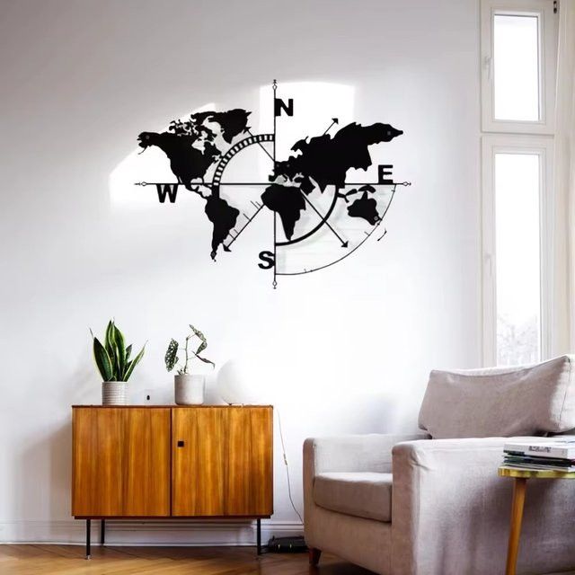 CIFbuy Weltkarte aus Schmiedeeisen in Schwarz als moderne Wandkunst mit Kompass zur Innendekoration - Bild 1