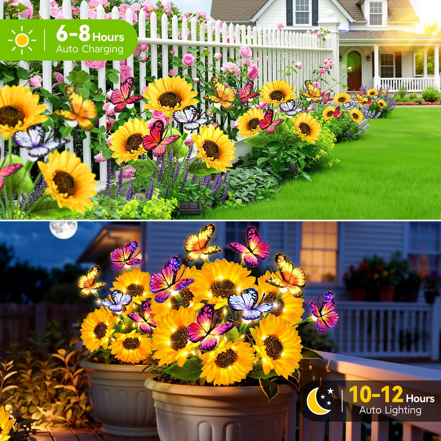 PUAIDA Solar Sonnenblumen Gartenlichter Set mit 16 Schmetterlingen, Wasserdichte Solar Blumen Deko in Gelb für Garten und Rasen - Bild 2