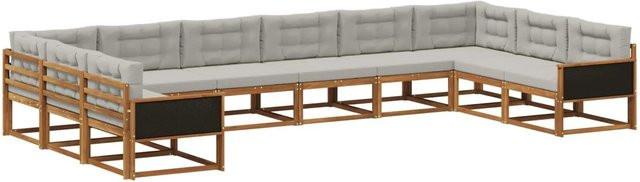 vidaXL Outdoor-Sofagarnitur in U-Form aus massivem Akazienholz mit Polstern und Kissen in Beige und Grau - Bild 1