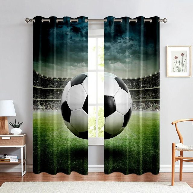 Yiran Furniture Fußball Vorhänge mit Aquarell-Print für Kinderzimmer und Wohnzimmer, 2er-Set, halbtransparent, Multicolor, Breite: 50 cm, Höhe: 160 cm - Bild 1