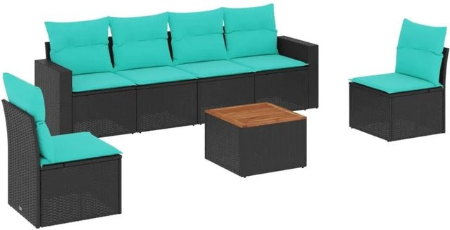 vidaXL 7-teilige Garten-Sofagarnitur aus Poly-Rattan und Akazienholz in Schwarz mit blauen Kissen - Bild 1
