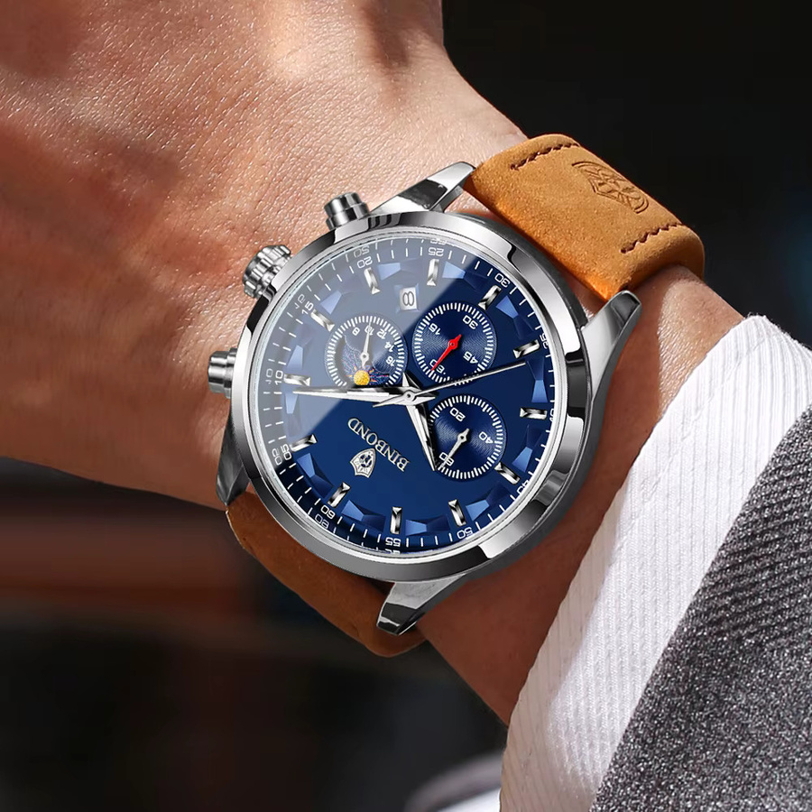BINBOND Armbanduhr, Quarz, Leder, Blau, Datum, Wochentag, Herren - Bild 6