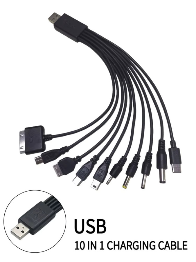10-in-1 universelles Mehrkopf-Ladekabel mit USB-A Anschluss in Schwarz für Telefon, Kopfhörer, Lautsprecher und MP3 - Bild 6