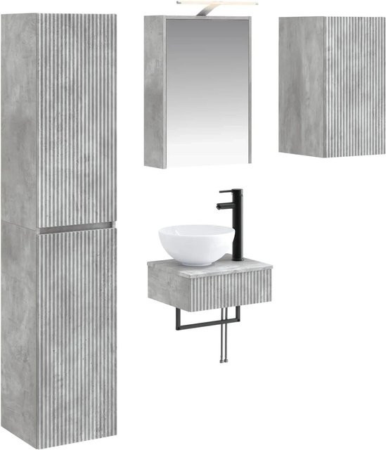 vidaXL Badezimmermöbel-Set 5-teilig in Betongrau mit Spiegelschrank, Wandschrank und Hochschrank aus Holz und Glas mit LED-Beleuchtung - Bild 1