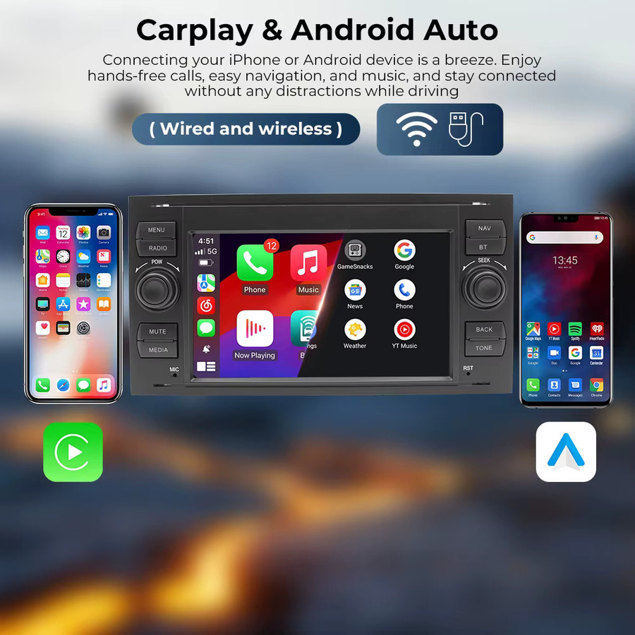 Gearelec 7-Zoll Autoradio mit GPS, kabellosem CarPlay und Android Auto in Schwarz für Ford Fusion 2006–2012 und Focus 2005–2006 - Bild 2