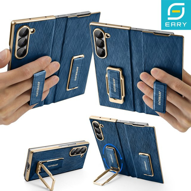 Eary Dual Grip Lederhülle für Samsung Galaxy Z Fold 7 mit Handschlaufe und 360 Grad drehbarem Ständer in Blau oder Silber - Bild 1