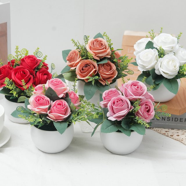 Kahaul Künstliche Rosen Topfpflanze in Mehrfarbig und Rot als Dekoration für Hochzeit und Tischdeko - Bild 1