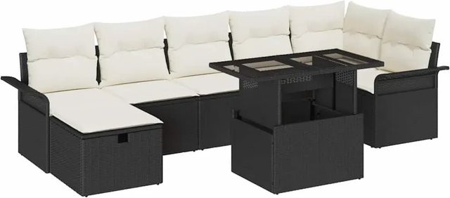 vidaXL 8-teiliges Garten-Sofa-Set aus Polyrattan in Schwarz mit Kissen und Couchtisch für Terrasse und Garten - Bild 1