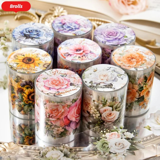 Journamm 8 Rollen florale PET-Aufkleber in Multicolour für Scrapbook, Junk Journal und DIY-Bastelprojekte - Bild 1