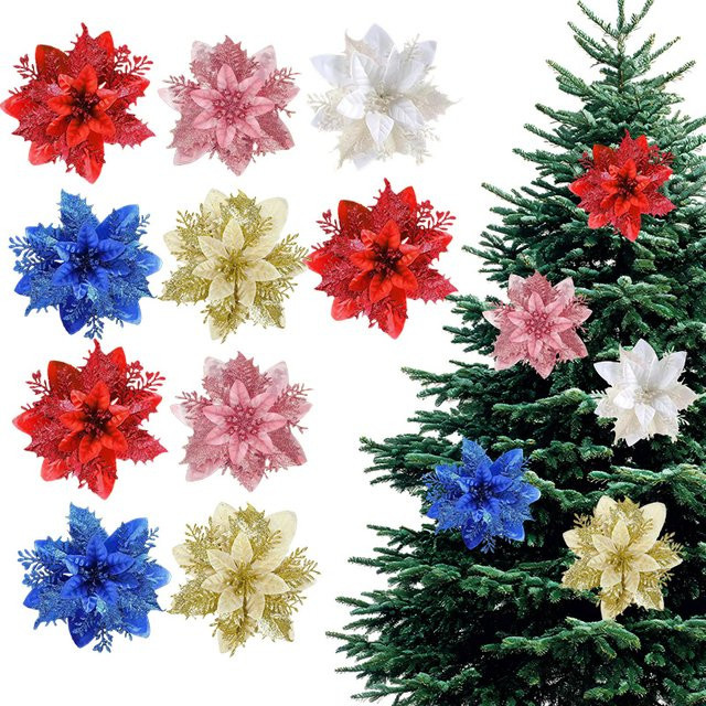ZQNYCY Weihnachtsblumen-Ornamente aus künstlichen Poinsettia-Blumen in Rot, Rosa und Gold für deine Weihnachtsbaumdekoration und Neujahrsfeier (3 oder 5 Stück) - Bild 1