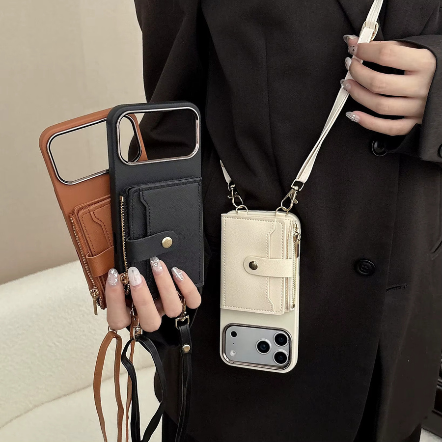Crossbody Lanyard Wallet Strap Handyhülle für Apple iPhone Air 16 15 17 Pro Max 11 12 13 14 Plus mit Kartenfächern aus PU-Leder und Silikon in Schwarz - Bild 5