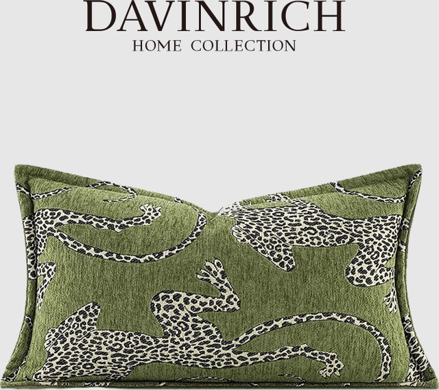Davinrich Luxus Lendenkissenbezug Royal Menagerie Kollektion mit Leoparden-Motiv in Grün - Bild 1